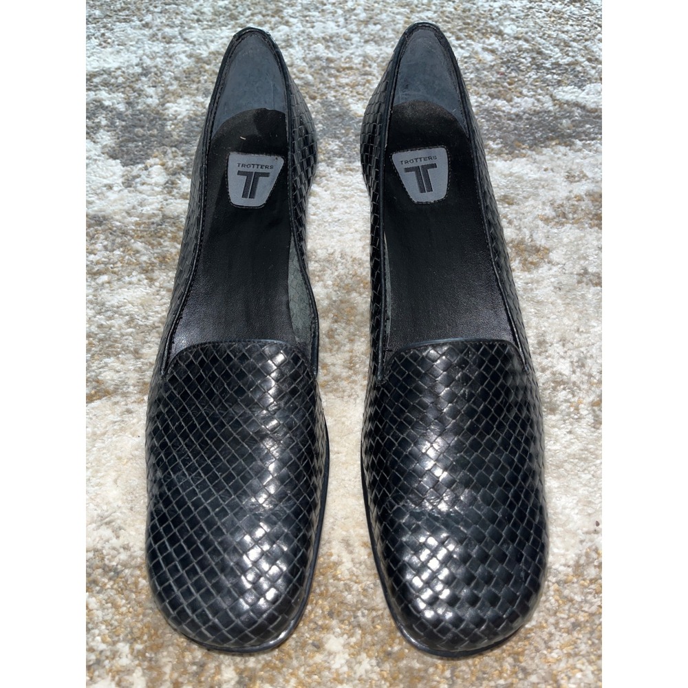 Trotters Womens Black Woven Leather Block Heel Loafers T2318-001 Size 10W Brazil